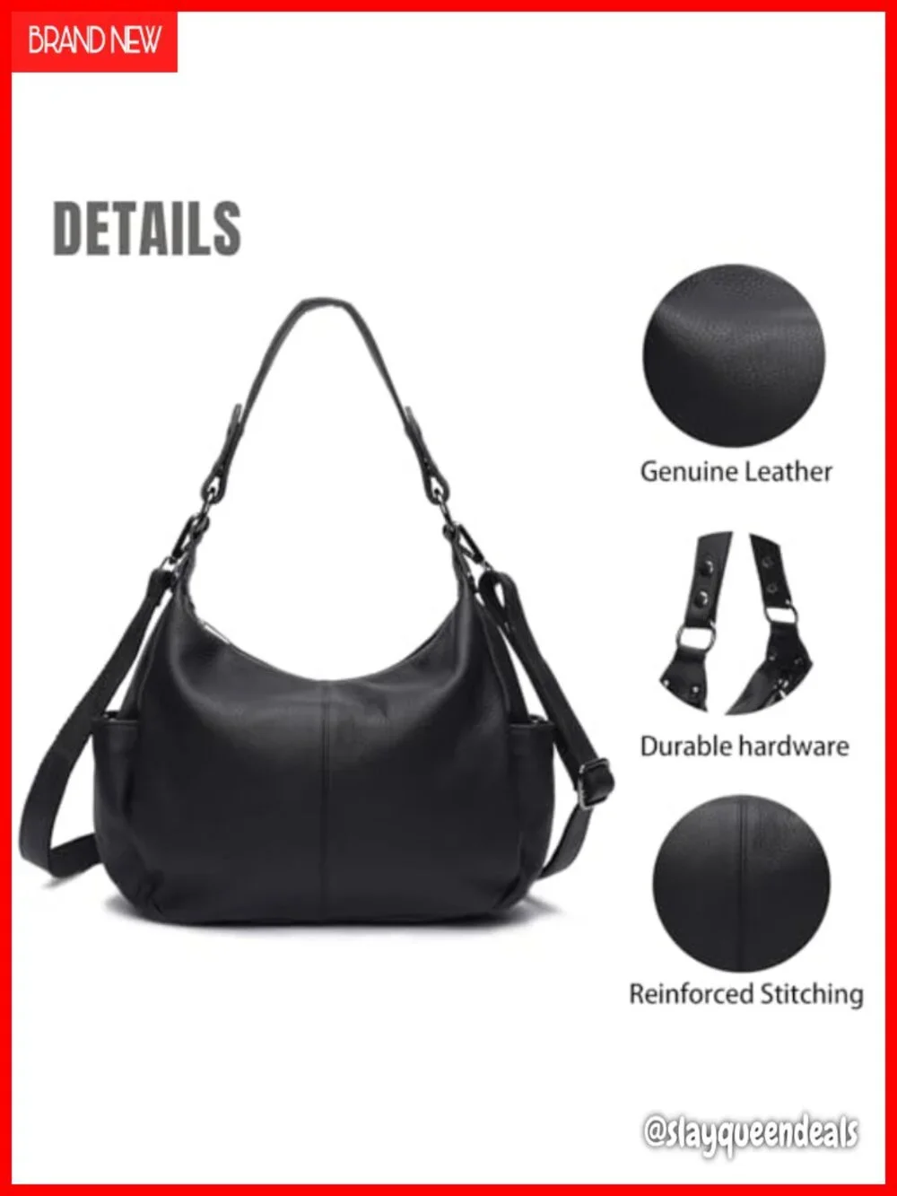 Genuine Leather Hobo Shoulder Bag with Adjustable Strap